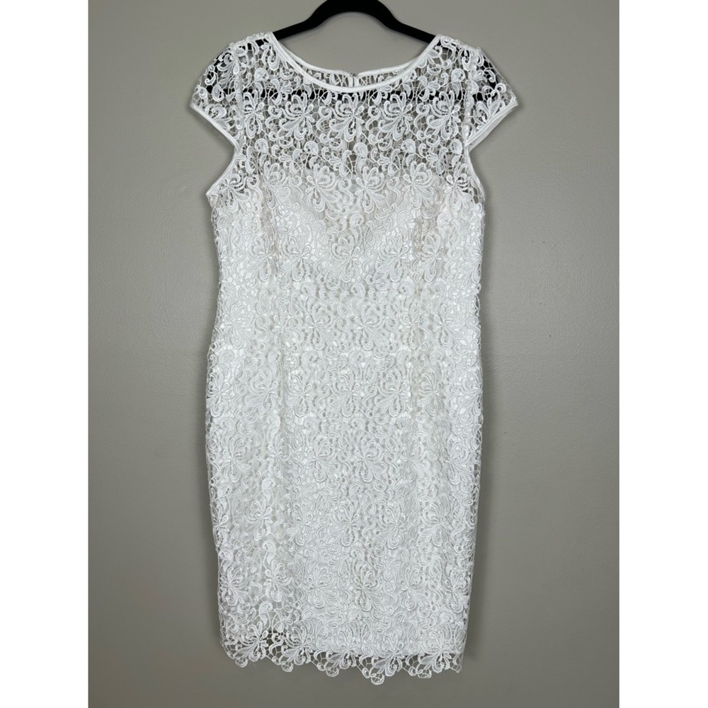 Adrianna Papell White Floral Lace Sheath Dress Cap Sleeve Size 12 RN59782
